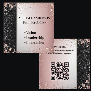Tarjeta De Visita Cuadrada Lujo Mínimo Rosa Plata Brillo Floral Moderno
