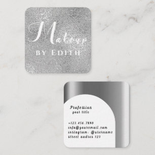 Tarjeta De Visita Cuadrada Lujo Plateado Brillo Mármol Maquillaje