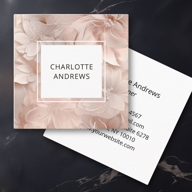 Tarjeta De Visita Cuadrada Lujo, Rubor-Beige, Flor, Salón (Luxury, Blush-Beige, Flower, Salon Square Business Card)
