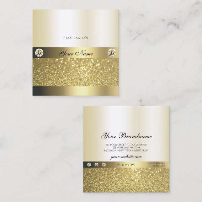 Tarjeta De Visita Cuadrada Lujo Shimmery Gold Luminoso Purpurina y diamantes (Anverso / Reverso)
