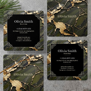 Tarjeta De Visita Cuadrada Lujo Simple Mármol Verde y Kintsugi Oro Cuadrado