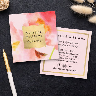 Tarjeta De Visita Cuadrada Lujosas flores color agua rosado con marco falso d