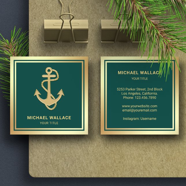 Tarjeta De Visita Cuadrada Lujoso Relieve metalizado dorado verde nautical Ro (Subido por el creador)