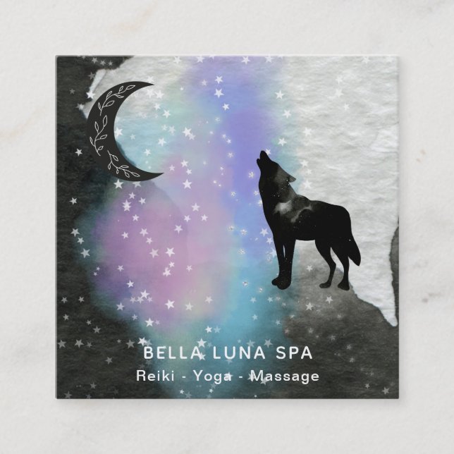 Tarjeta De Visita Cuadrada *~* Luna Cósmica.  Howling Wolf Rainbow Shaman  (Anverso)