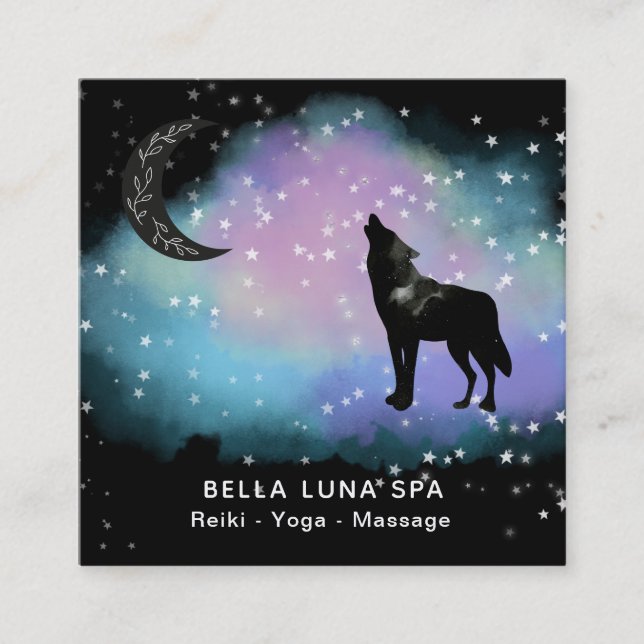 Tarjeta De Visita Cuadrada *~* Luna Cósmica. Howling Wolf Rainbow Shaman (Anverso)