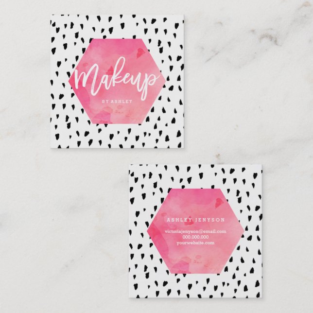 Tarjeta De Visita Cuadrada Lunares del negro de la acuarela del rosa del (Anverso / Reverso)