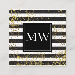 Tarjeta De Visita Cuadrada Lux Gold Grunge Monograma Black White Stripes