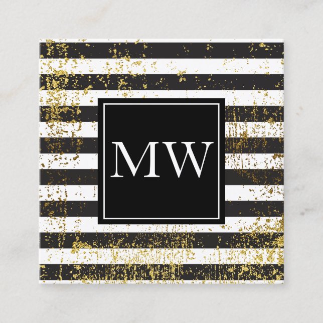 Tarjeta De Visita Cuadrada Lux Gold Grunge Monograma Black White Stripes (Anverso)