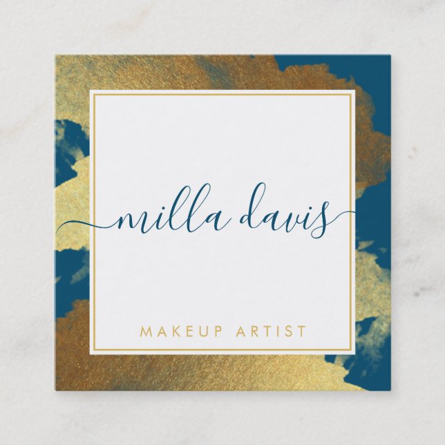 Tarjeta De Visita Cuadrada LUXE GOLD bonito moderno glam dorado azul oscuro (Anverso)