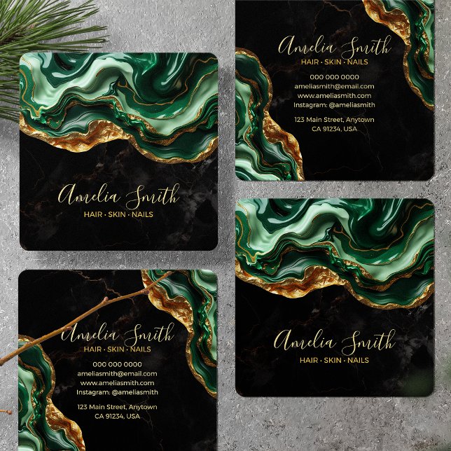 Tarjeta De Visita Cuadrada Luxury Black & Emerald Green Marble with Gold Glit (Subido por el creador)
