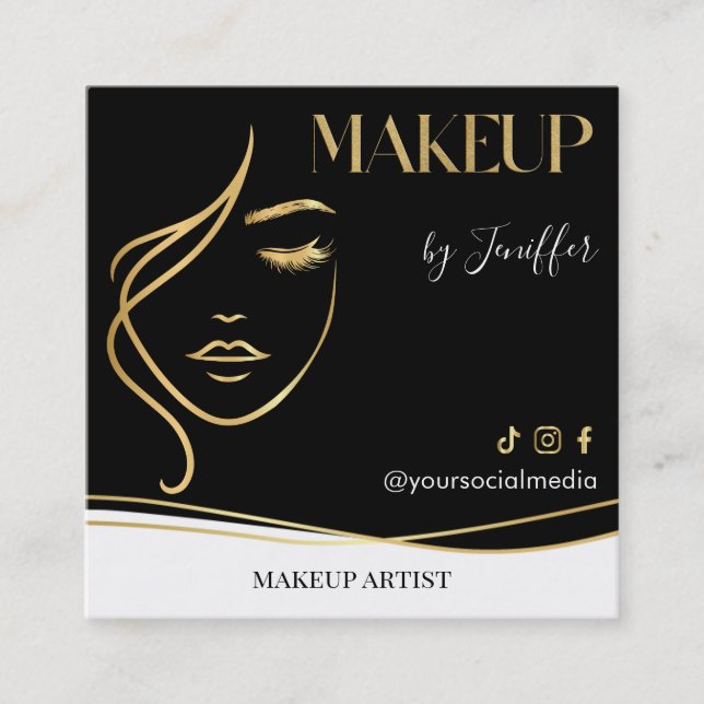 Tarjeta De Visita Cuadrada Luxury Black & Gold Makeup artist Bussines card (Anverso)