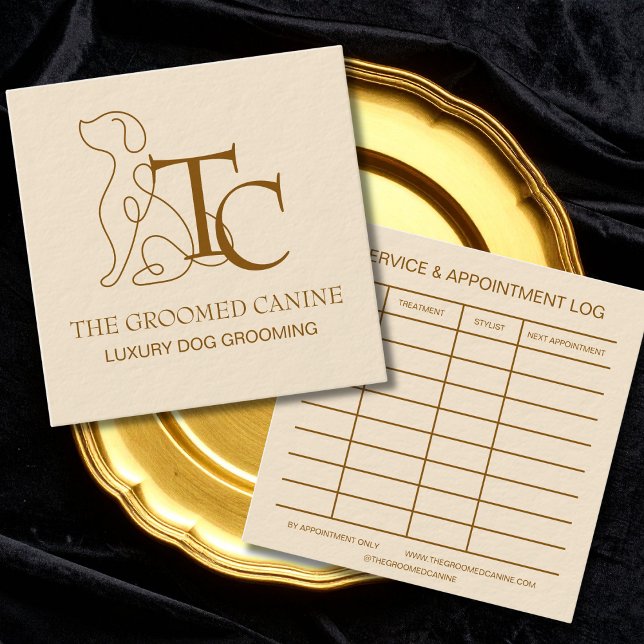 Tarjeta De Visita Cuadrada Luxury Dog Grooming Business Card Bronze Champaign (Deep bronze and champaign business card on a gold plate)