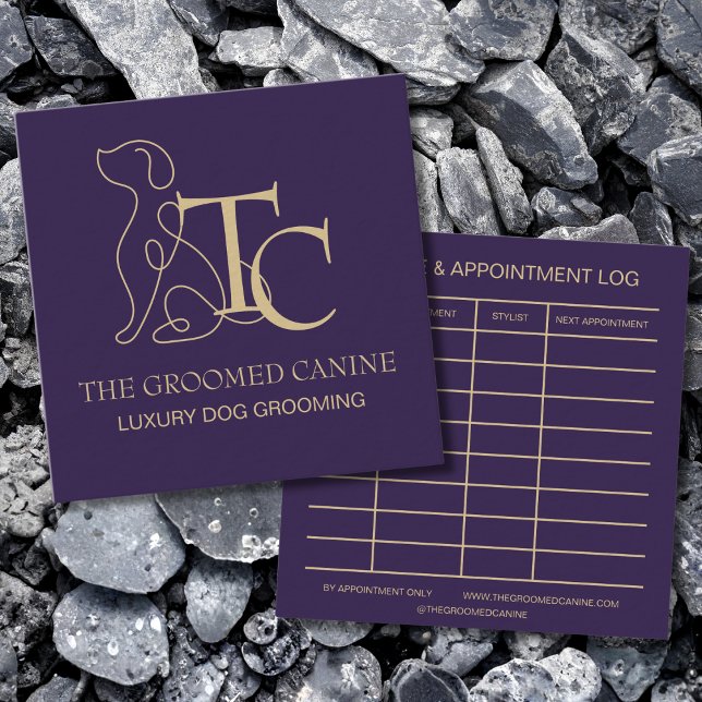 Tarjeta De Visita Cuadrada Luxury Dog Grooming Business Card Deep Plum (luxury dog grooming business card in deep plum, front and back view)