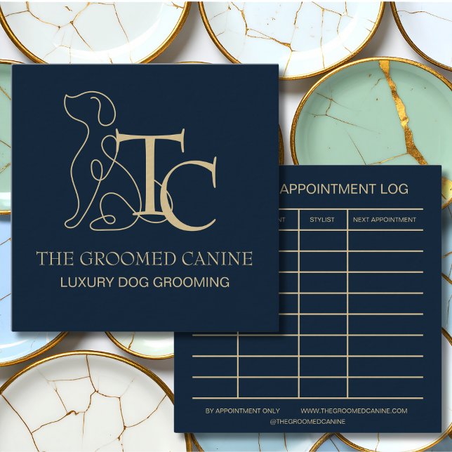 Tarjeta De Visita Cuadrada Luxury Dog Grooming Business Card Midnight Navy (Luxury dog groomer business cards)
