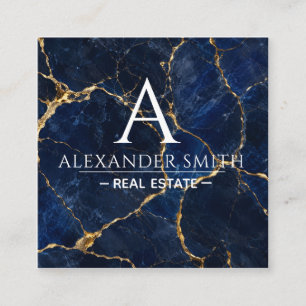 Tarjeta De Visita Cuadrada Luxury Navy Marble Gold Monogram Business Branding
