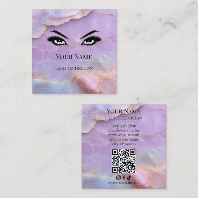 Tarjeta De Visita Cuadrada Luxury Pastel Marble Lash Artist QR code  (Anverso / Reverso)