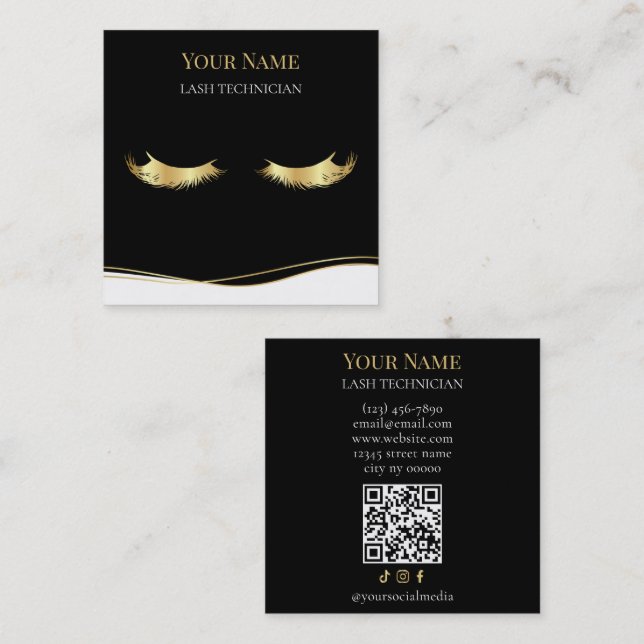 Tarjeta De Visita Cuadrada Luxury QR code Black and Gold Lash Technician (Anverso / Reverso)