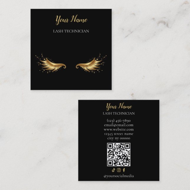 Tarjeta De Visita Cuadrada Luxury QR code Black and Gold Lash Technician Busi (Anverso / Reverso)