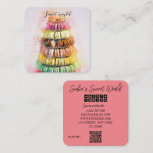 Tarjeta De Visita Cuadrada Macarons coloridos Sweets Qr Code moderno bus cuad