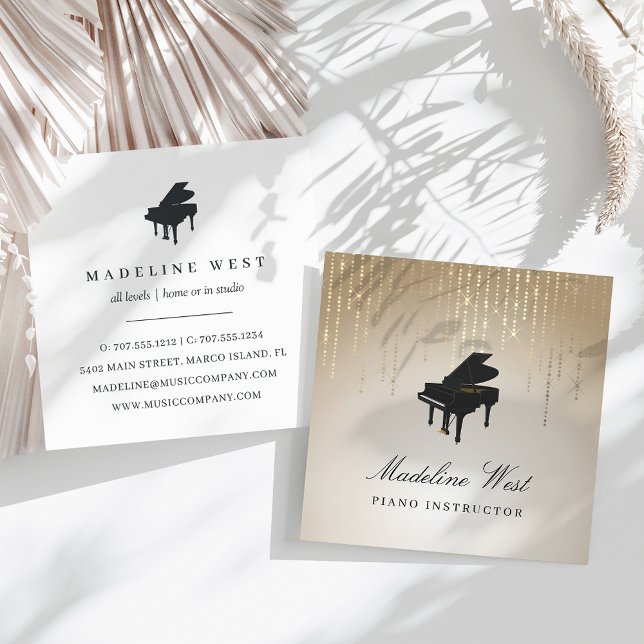 Tarjeta De Visita Cuadrada Maestra de Música Elegante Gold Rain Piano Instruc (Subido por el creador)