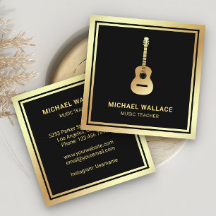 Tarjeta De Visita Cuadrada Maestro de Música de Guitarra con Hojas de Oro Neg