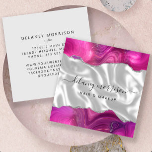 Tarjeta De Visita Cuadrada Magenta Ágata Brillo de Plata Blanco de Lujo