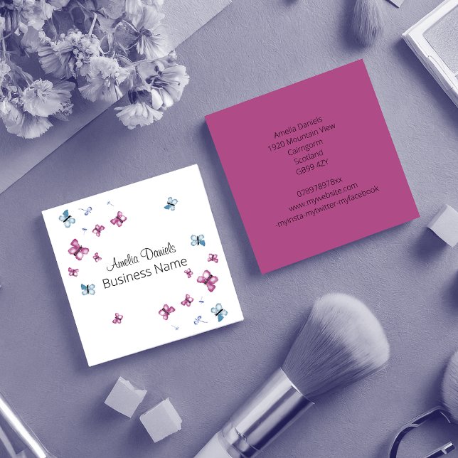 Tarjeta De Visita Cuadrada Magenta plaza de mariposas rosa y azul (Subido por el creador)