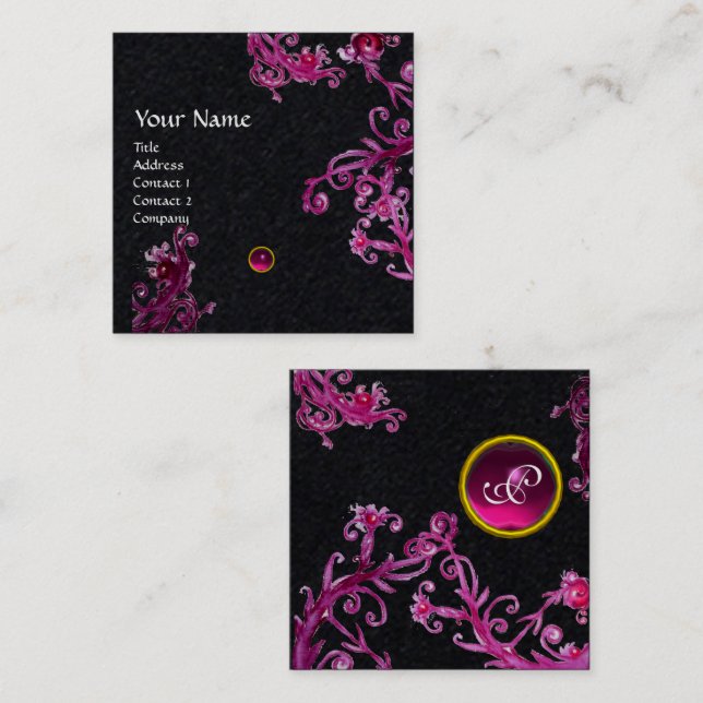 Tarjeta De Visita Cuadrada MÁGICA DE PURPLE PINO BERRIES GEMSTONE MONOGRAM Ne (Anverso / Reverso)