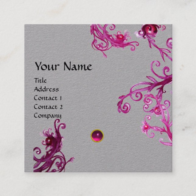 Tarjeta De Visita Cuadrada MÁGICA PÚRPURA PINA BERRIES GEMSTONE MONOGRAM Gris (Anverso)