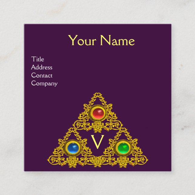 Tarjeta De Visita Cuadrada MÁGICO ELFIC TALISMAN MONOGRAM, Fantasía Oro Púrpu (Anverso)