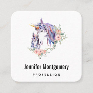 Tarjeta De Visita Cuadrada Magnífica unicornio, mamá y bebé acuarela