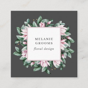 Tarjeta De Visita Cuadrada Magnolia y Eucalipto marco floral rosa