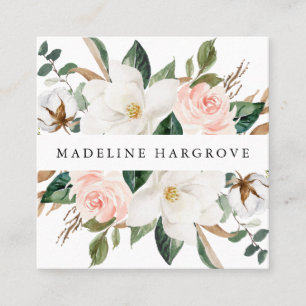 Tarjeta De Visita Cuadrada Magnolias blancas acuarela y floral Rubor