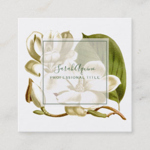 Tarjeta De Visita Cuadrada Magnolias blancas monogramadas Floral