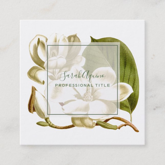 Tarjeta De Visita Cuadrada Magnolias blancas monogramadas Floral (Anverso)