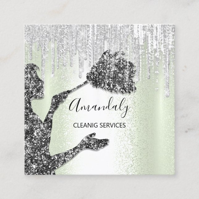 Tarjeta De Visita Cuadrada Maid House Cleaning Services Logo Gray Drin Mint (Anverso)