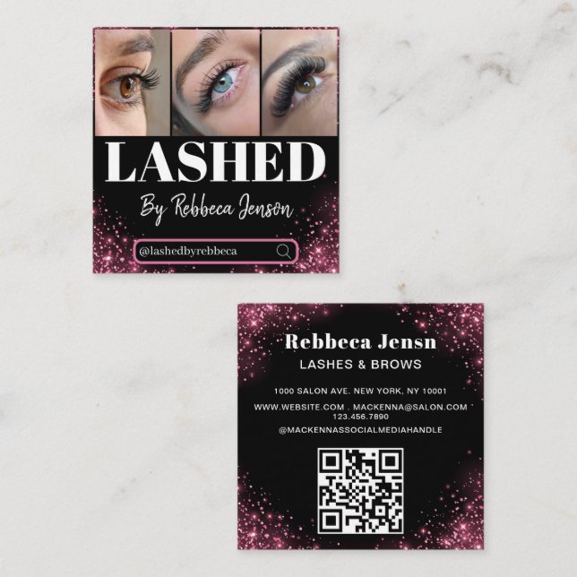 Tarjeta De Visita Cuadrada Makeup Artist Eyelash Lashes Pink Glitter script  (Anverso / Reverso)
