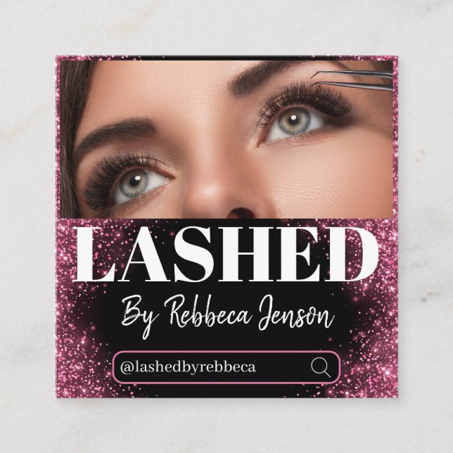 Tarjeta De Visita Cuadrada Makeup Artist Eyelash Lashes Pink Glitter script  (Anverso)