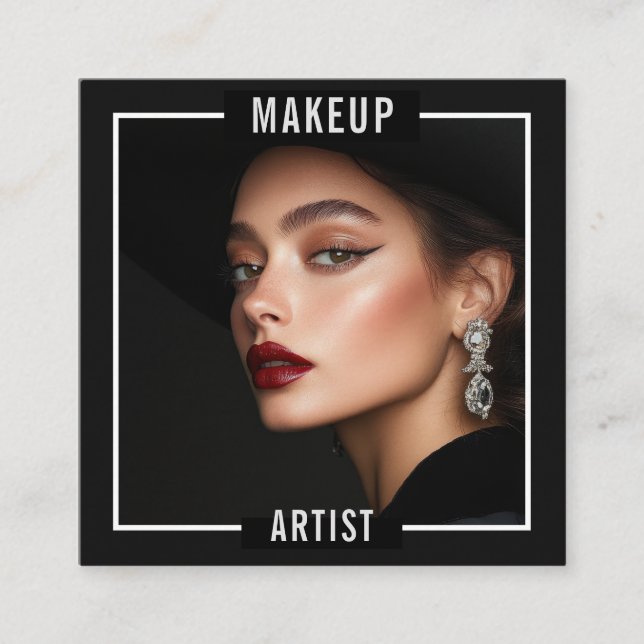 Tarjeta De Visita Cuadrada Makeup Artist Salon Elegant Black Luxury Photo  (Anverso)