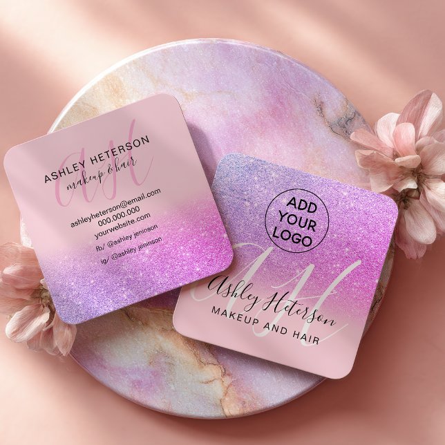 Tarjeta De Visita Cuadrada Makeup Pink purple glitter logo monogram (Makeup Pink purple glitter logo monogram Square Business Card)