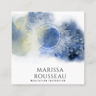 Tarjeta De Visita Cuadrada Mandala Eéreal Celestial Abstracto Azul Blanco