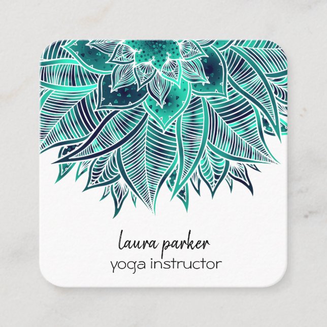 Tarjeta De Visita Cuadrada Mandala Elegante Boho Paisley Floral Arte Verde az (Anverso)