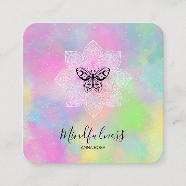Tarjeta De Visita Cuadrada *~* Mandala Meditación Mentalidad Yoga Mariposa (Anverso)
