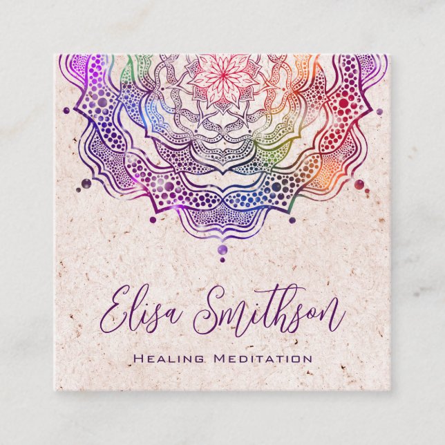 Tarjeta De Visita Cuadrada Mandala Púrpura Y Rosa Reiki Meditación Curativa (Anverso)