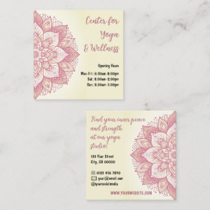 Tarjeta De Visita Cuadrada Mandala Yoga Studio Rosa rosa pastel amarillo clar