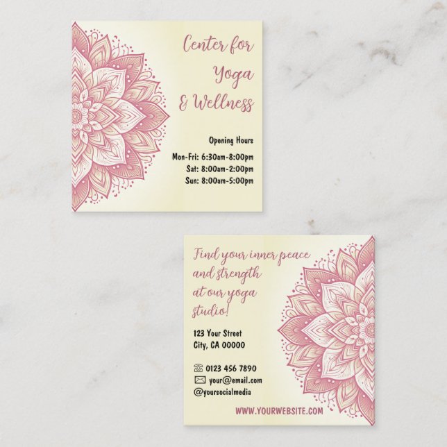Tarjeta De Visita Cuadrada Mandala Yoga Studio Rosa rosa pastel amarillo clar (Anverso / Reverso)