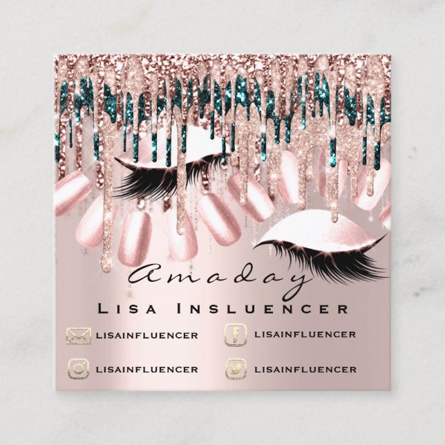Tarjeta De Visita Cuadrada Manicura Artista de uñas gotea Purpurina Rosa soci (Anverso)