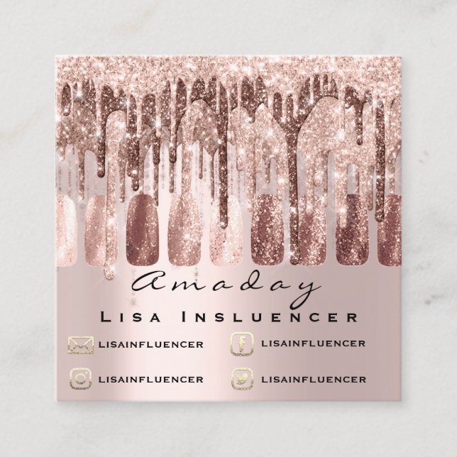 Tarjeta De Visita Cuadrada Manicura Artista de uñas gotea Purpurina Rosa soci (Anverso)