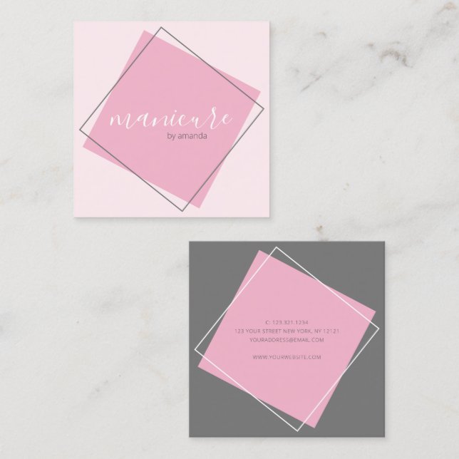 Tarjeta De Visita Cuadrada Manicura geométrica moderna gris y rosa (Anverso / Reverso)