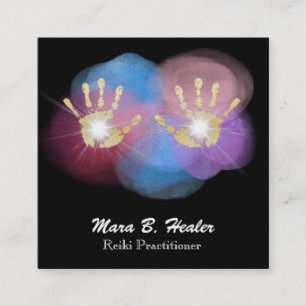 Tarjeta De Visita Cuadrada Manos curativas de Reiki del Relieve metalizado